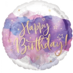 Round birthday balloon with purple and pink watercolor design