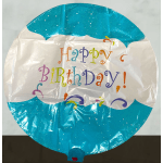 Round birthday balloon with colorful "Happy Birthday" text