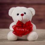 White teddy bear holding a red heart with "I Love You" text