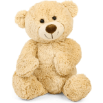 Plush beige teddy bear sitting against a white background