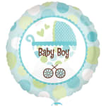 Round baby boy balloon with a stroller graphic and pastel polka dots