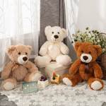 Three plush teddy bears in cream, tan, and brown sitting on a lace cloth with small cakes and a card