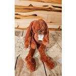 Brown plush bunny with long floppy ears and a hang tag