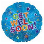 Blue starburst balloon with "GET WELL SOON!" text