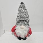 Plush gnome with a tall gray knit hat, white beard, and red body