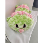 Plush green and pink turtle toy with embroidered eyes