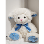 White plush lamb with blue ribbon and sparkly blue ears and feet