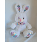 White plush bunny with iridescent ears, paws, and bow