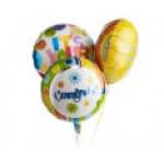 Three colorful birthday balloons with one reading "Happy Birthday"