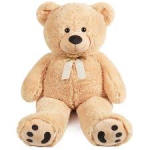 Beige teddy bear with a ribbon bow on a white background