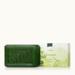 Green eucalyptus bath soap bar beside its box