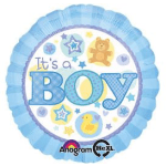 Blue baby shower balloon with "It's a Boy" text and teddy bear graphics