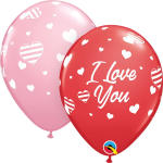 Pink and red heart-patterned balloons with "I Love You" text