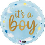 Blue balloon with the words "it's a boy" and cloud and star decorations