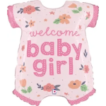 Pink baby girl foil balloon with floral print and welcome text