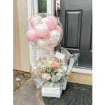 Pink balloon and rose bouquet with a Happy Birthday balloon