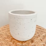 White textured ceramic planter on a woven mat