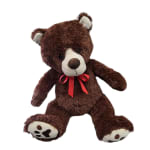 Brown teddy bear with a red ribbon bow