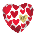 Heart-shaped balloon with red hearts and the word LOVE