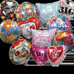 Assorted foil balloons with birthday, baby, love, and get well messages