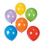 Set of six colorful latex balloons in purple, yellow, green, blue, orange, and red on a white background