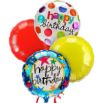 Cluster of colorful birthday balloons with two printed "happy birthday" balloons