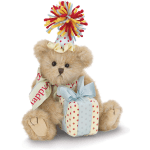 Teddy bear with a party hat holding a wrapped gift