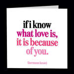 White greeting card with a pink love quote