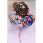Cluster of colorful thank-you foil balloons with ribbon tails