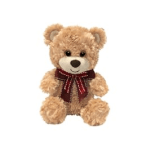 Plush teddy bear with a red ribbon bow