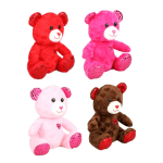 Set of four plush teddy bears in red, hot pink, light pink, and brown with heart accents.