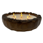 Round candle bowl with five lit wicks and a dark textured rim