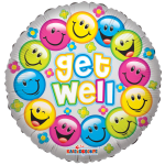 Round foil balloon with smiling faces and the words "get well"