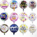 Assorted round birthday balloons with colorful printed messages