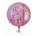 Pink balloon with "it's a girl" text and baby bottle graphic