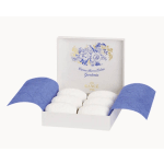 Box of white soaps with blue floral packaging