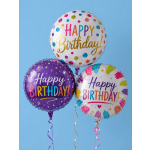 Three colorful birthday balloons with curling ribbons on a blue background.