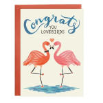 Greeting card with two flamingos and the words Congrats you lovebirds
