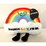Rainbow plush toy with smiling face and text on a white cloud base