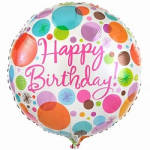 Round birthday balloon with colorful polka dots and pink lettering
