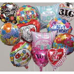 Assorted foil balloons with birthday, baby, and love messages