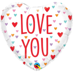 Heart-shaped balloon with "LOVE YOU" text and colorful hearts