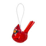 Red faceted glass cardinal ornament with metal hanging loop on a white background