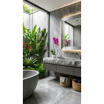 Potted purple orchid on a stone bathroom counter beside a mirror.