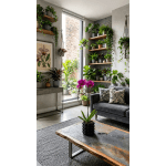 Potted purple orchids on a coffee table in a plant-filled living room