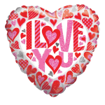 Heart-shaped balloon with "I LOVE YOU" and red-pink heart patterns