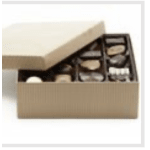 Rectangular beige gift box partially open to show assorted chocolates inside