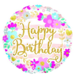 Round birthday balloon with floral pattern and gold lettering