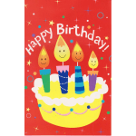 Birthday card with a cake and smiling candles on a red background