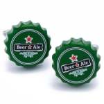 Pair of green beer bottle cap cufflinks with printed labels
